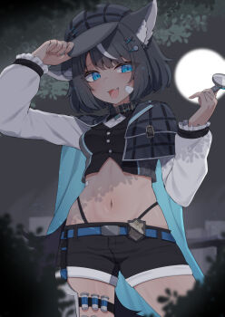 1girl animal_ear_fluff animal_ears belt black_hair black_hat black_shorts blue_belt blue_eyes breasts buttons commentary commission dog_ears dog_girl dog_tail english_commentary fangsie_fido hair_ornament hat highres holding holding_magnifying_glass magnifying_glass navel open_mouth short_shorts shorts solo stomach tail thigh_strap valefal_coneri variance_project virtual_youtuber white_hair