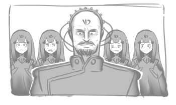 1boy 4girls adeline_(girls&#039;_frontline) bad_id bad_twitter_id bald beard black_hair command_&amp;_conquer command_&amp;_conquer:_red_alert command_&amp;_conquer:_red_alert_2 commentary crossover english_commentary facial_hair girls&#039;_frontline greyscale headgear military military_uniform monochrome multiple_girls mustache nyto_(generic)_(girls&#039;_frontline) nyto_(girls&#039;_frontline) paradeus scared serjatronic sweat yuri_(c&amp;c)