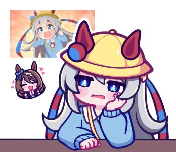 Rule 34 | 2girls, animal ears, anime screenshot inset, aya chan1221, bag, blue bow, blue dress, blue eyes, blue hairband, blue shirt, blush, blush stickers, bow, braid, brown hair, chibi, closed eyes, commentary, dress, ear bow, ear covers, ears through headwear, english commentary, grey hair, hair between eyes, hairband, hat, headband, heart, horse ears, horse girl, kindergarten bag, kindergarten uniform, long hair, long sleeves, multicolored hair, multicolored hairband, multiple girls, open mouth, red headband, school hat, screenshot inset, shirt, smile, streaked hair, striped clothes, striped hairband, super creek (murmuring stream) (umamusume), super creek (umamusume), tamamo cross (umamusume), two-tone hairband, umamusume, umayon, very long hair, white hair, yellow bag, yellow hat