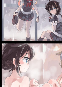 3girls adjusting_footwear ahoge black_serafuku black_shirt black_skirt black_socks blue_eyes brown_footwear brown_hair closed_mouth collared_shirt hair_between_eyes hair_ornament hairpin hand_on_own_knee kantai_collection kneehighs leg_up loafers long_hair miniskirt multiple_girls neckerchief nude pleated_skirt profile red_neckerchief sailor_collar sailor_shirt school_uniform serafuku shigure_(kancolle) shigure_kai_ni_(kancolle) shirt shoes short_sleeves skirt smile socks split_screen sugue_tettou wet wet_clothes wet_shirt wet_skirt white_sailor_collar yuudachi_(kancolle) yuudachi_kai_ni_(kancolle)