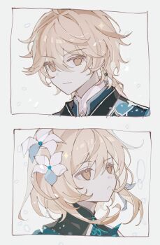 Rule 34 | 1boy, 1girl, aether (genshin impact), aether (snezhnaya) (genshin impact), blonde hair, blue jacket, brother and sister, chinese commentary, commentary request, earrings, flower, genshin impact, hair between eyes, hair flower, hair ornament, highres, jacket, jewelry, long hair, looking at viewer, looking to the side, lumine (genshin impact), lumine (snezhnaya) (genshin impact), parted lips, portrait, shirt, short hair, short hair with long locks, siblings, sidelocks, simple background, single earring, smile, snow, twins, white background, white flower, white shirt, yellow eyes, yue (shemika98425261)