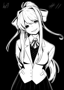 1girl absurdres arms_behind_back bow breasts commentary doki_doki_literature_club doki_doki_literature_club_school_uniform greyscale hair_bow hair_intakes head_tilt highres jacket lughost medium_breasts monika_(doki_doki_literature_club) monochrome pleated_skirt ponytail school_uniform sidelocks signature skirt smile solo upper_body