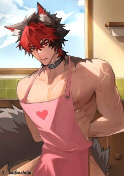 1boy absurdres animal_ear_fluff animal_ear_piercing animal_ears arms_behind_back baifenzhilin black_hair blue_sky body_fur cloud collar collarbone commentary_request crossed_bangs dog_boy dog_ears dog_tail hair_between_eyes heart heart_print highres indoors komano_manato looking_at_viewer male_focus multiple_scars muscular muscular_male nipples parted_lips pectorals red_eyes red_hair scar scar_across_eye scar_on_arm scar_on_chest scar_on_face scar_on_shoulder short_hair sky smock solo tail twitter_username upper_body v-shaped_eyebrows window zenless_zone_zero