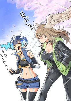 Rule 34 | 2girls, black bodysuit, black choker, black gloves, black jacket, black sports bra, blue hair, body markings, bodysuit, breast tattoo, breasts, cherry blossoms, chest jewel, choker, cleavage, closed eyes, collared vest, crop top, cropped vest, d:, denim, denim vest, elbow gloves, eunie (xenoblade), feathered wings, fiery hair, gloves, glowing lines, glowing markings, green hoodie, head wings, highres, hood, hoodie, jacket, large breasts, leather, leather jacket, long hair, medium hair, midriff, multiple girls, navel, nemimin, no vest, open clothes, open mouth, open vest, sena (xenoblade), shorts, side ponytail, sky, small breasts, sneezing, splatter, sports bra, tattoo, translation request, vest, white wings, wings, xenoblade chronicles (series), xenoblade chronicles 3