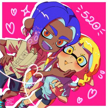 1boy 1girl ariamikukanzaki bike_shorts blonde_hair blue_hair boots braid commentary_request dark-skinned_male dark_skin dutch_angle eyebrow_cut gradient_hair hand_on_another&#039;s_chin hand_on_own_hip heart heart_of_string highres hirooooo_(splatoon) inkling multicolored_hair nintendo octoling open_mouth pink_background red_eyes shirt shoes short_shorts shorts side_braid smile sneakers splatoon_(series) splatoon_3 t-shirt tentacle_hair veronika_(splatoon) very_dark_skin yellow_eyes