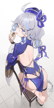 1girl absurdres ahoge alternate_costume anklet arched_back ass back back_cutout backless_dress backless_outfit steamed_bun bare_back bare_legs berserker_r blue_eyes braid breasts bridal_gauntlets chair clothing_cutout dress earrings feet flats food from_above from_behind furina_(genshin_impact) genshin_impact hair_ribbon hat heterochromia highres holding jewelry jiangshi_costume leg_up long_hair long_sleeves looking_at_viewer looking_back median_furrow medium_breasts multicolored_hair no_bra no_panties open_mouth pelvic_curtain purple_dress purple_eyes purple_hat qingdai_guanmao ribbon side-tie_skirt simple_background single_braid soles solo streaked_hair tassel tassel_earrings thigh_strap thighs toes very_long_hair white_background white_hair wide_sleeves