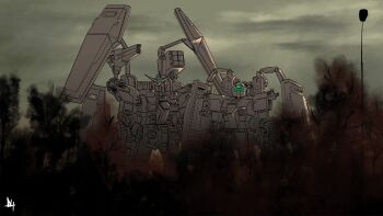 Rule 34 | assault visor, beam cannon, commentary, english commentary, full armor gundam, glowing, glowing eyes, gm (mobile suit), green visor, gundam, gundam requiem for vengeance, gundam thunderbolt, highres, looking at viewer, mecha, mecha focus, missile pod, mobile suit, monochrome, no humans, outdoors, overcast, robot, science fiction, shield, shoulder cannon, sky, spot color, standing, sudrajatdhanu, tree, v-fin, yellow eyes