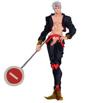 Rule 34 | 1boy, absurdres, alternate color, ashva, birthmark, black jacket, black pants, bracelet, dio brando, headband, heart, highres, holding, jacket, jewelry, joestar birthmark, jojo no kimyou na bouken, large penis, long hair, male focus, muscular, muscular male, nail polish, one eye closed, pants, pectorals, penis, pointy footwear, pubic hair, road sign, scar, scar on neck, sign, solo, standing, stardust crusaders, white hair