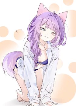 Rule 34 | 1girl, all fours, barefoot, blue bra, blue eyes, blue panties, bow, bow bra, bra, bun cover, closed mouth, commentary request, double bun, fox girl, fox tail, full body, hair bun, hair over shoulder, heterochromia, highres, long hair, long sleeves, looking at viewer, no pants, nxsoa1, open clothes, open shirt, orange eyes, panties, purple hair, raised inner eyebrows, shirt, sketch, solo, stellive, tail, tenko shibuki, underwear, virtual youtuber, white shirt