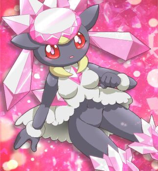 1girl animal animal_ears black_fur blush boots bottomless breasts brooch crystal crystal_hair diancie dress furry g-sun gem gen_6_pokemon hat jewelry knee_boots legendary_pokemon light_particles long_hair looking_at_viewer medium_breasts mythical_pokemon navel nintendo no_panties no_pussy open_mouth pink_background pink_boots pink_gemstone pink_hair pink_hat pokemon pokemon_(creature) red_eyes sleeveless sleeveless_dress standing twintails white_dress wristband