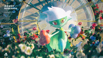 3d artist_name blue_flower blue_rose blurry celebi350300687 character_name cinema_4d_(medium) closed_mouth commentary_request flower full_body gen_4_pokemon highres leaf looking_at_viewer nintendo pokedex_number pokemon pokemon_(creature) pokemon_focus red_eyes red_flower red_rose rose roserade smile solo white_flower