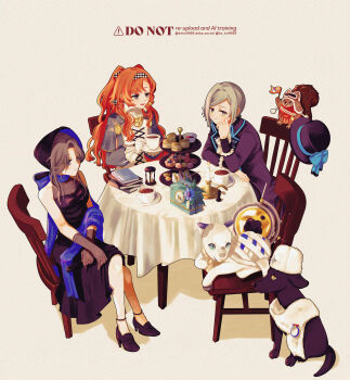 3girls absurdres adversarial_noise animalization bare_shoulders black_dog black_hat black_shoes blue_bow blue_dress blue_eyes blue_hat boater_hat bonnet book book_stack bow brown_background brown_hat buddy_fairchild candle chair checkered_hairband closed_mouth creature crossed_legs cup cupcake dog dress ferrofluid flag food full_body fur_hat gloves goggles goggles_on_headwear green_eyes grey_cloak grey_gloves grey_hair hair_bun hairband hat hat_bow head_rest high_heels highres holding holding_cup holding_flag hourglass long_hair looking_at_another looking_at_viewer macaron medium_dress moldir_(reverse:1999) ms._grace_(reverse:1999) ms._radio multiple_girls nautika_(reverse:1999) orange_hair papakha purple_hat radio reverse:1999 round_table saucer see-through_cleavage see-through_clothes shoes short_hair single_side_bun sitting sleeveless sleeveless_dress smile sonetto_(reverse:1999) squirrel table tablecloth tea teacup tiered_tray tn_kn1000 ulrich_(reverse:1999) unworn_hat unworn_headwear vertin_(reverse:1999) watermark white_dress white_gloves white_hat