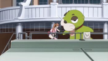 2boys 2girls alternate_hairstyle angry animated animated_gif breasts brown_hair code_geass cosplay crop_top crop_top_overhang female_focus fighting green_eyes kouzuki_kallen lelouch_vi_britannia long_hair lying multiple_boys multiple_girls no_bra one-piece_swimsuit punching red_hair running screencap shirley_fenette short_hair swimsuit twintails violence