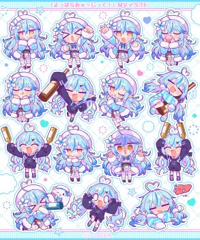 absurdres ahoge black_sweater blue_hair blush blush_stickers bottle camisole choko_(cup) colored_tips cup drunk elf flower frilled_camisole frills hair_flower hair_ornament heart heart_ahoge highres holding holding_bottle holofive hololive multicolored_hair official_art pointy_ears richard_(richaball) sake_bottle sleeping snowflake_print streaked_hair sweater virtual_youtuber wine_bottle yellow_eyes yukihana_lamy yukihana_lamy_(1st_costume) yukihana_lamy_(cyber) yukihana_lamy_(roomwear) yukimin_(yukihana_lamy)