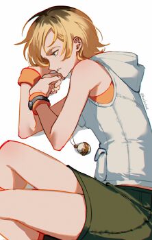 Rule 34 | 1girl, bare shoulders, black roots, blonde hair, breasts, feet out of frame, green skirt, haejeo1008, heather mason, highres, hood, hood down, hooded vest, hoodie, jewelry, medium breasts, miniskirt, necklace, orange shirt, parted lips, shirt, short hair, silent hill (series), silent hill 3, skirt, solo, twitter username, upper body, vest, watch, white background, white vest, wristband, wristwatch