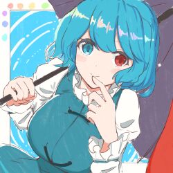 Rule 34 | blue eyes, blue hair, blue skirt, blue vest, breasts, closed mouth, commentary request, happy, highres, juliet sleeves, large breasts, long sleeves, nazawa (nother), puffy short sleeves, puffy sleeves, red eyes, shirt, short hair, short sleeves, skirt, smile, tatara kogasa, touhou, umbrella, vest, white shirt