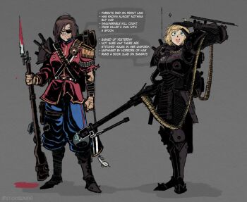 2girls ammunition_belt aqua_eyes armor bayonet black_gloves blonde_hair blood bolt_action breasts brown_eyes brown_hair english_text eyepatch feathers gas_mask gloves grey_background gun hat headset heavy_machine_gun highres large_breasts machine_gun mask mg42 military_uniform multiple_girls original radio_antenna salute science_fiction shoulder_armor stickybones1 tube unworn_headwear weapon