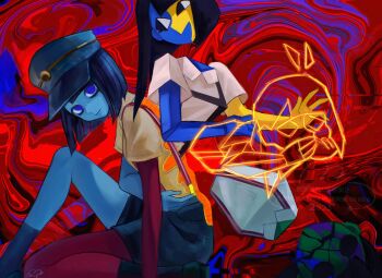 Rule 34 | black eyes, black hair, blue skin, blunt bangs, blunt ends, bob cut, colored skin, cubism, ena: dream bbq, ena (dream bbq), ena (ena), ena (series), ena (species), ena (web series), floating head, geometry, green ena, green hat, hangover ena, happy ena, hat, highres, hole in chest, hole on body, long hair, look-alike, looking at viewer, low poly, math, multicolored skin, multiple girls, open mouth, red skin, shirt, short hair, short sleeves, smile, split-color skin, surreal, suspenders, two-tone skin, usagimarumei, yellow skin