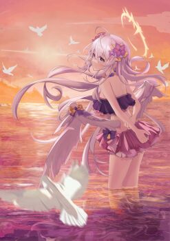 1girl absurdres antenna_hair arms_behind_back azusa_(blue_archive) azusa_(swimsuit)_(blue_archive) backlighting bare_shoulders bead_necklace beads bikini bikini_skirt bird blue_archive blush bow bow_on_wing chinese_commentary closed_mouth commentary crescent_halo crossed_bangs eyelashes eyes_visible_through_hair feathered_wings floating_hair flower food-themed_hair_ornament food_print frilled_bikini frills from_side fruit_print grey_hair hair_between_eyes hair_bow hair_flower hair_ornament halo highres jewelry long_hair looking_at_viewer low_wings motion_blur mountainous_horizon multicolored_bikini necklace ocean official_alternate_costume orange_hair_ornament orange_print outdoors pink_bikini print_bow purple_bikini purple_bow purple_eyes purple_flower seagull sidelocks solo strapless strapless_bikini sunlight sunset swimsuit two-tone_bikini very_long_hair wading watermelon_hair_ornament white_wings wind wings yellow_halo ying-skd710