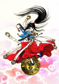 1girl black_hair chun_hyang clamp female_focus full_body grey_eyes korean_clothes long_hair ponytail shin_shunka-den solo sword very_long_hair weapon