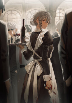 1girl 6+boys absurdres alcohol apron assassin black_dress black_jacket blood blood_on_clothes blood_on_hands bloody_weapon bottle cup dress drinking_glass formal_clothes from_behind grey_hair hair_between_eyes hair_bun highres jacket knife long_sleeves looking_back maid multiple_boys necktie original shiro_(siro_kuten) suit sunglasses tray weapon white_apron white_hair wine wine_bottle wine_glass