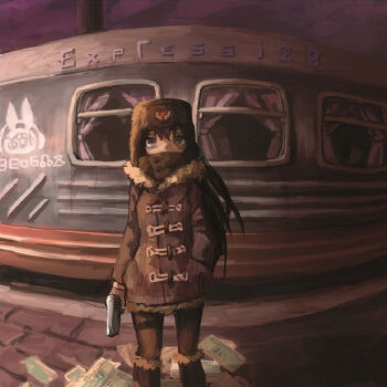 1girl album_cover black_boots black_hair blue_eyes boots coat cover covered_mouth curtains frilled_coat frills fur-trimmed_boots fur_coat fur_trim group_name gun hand_in_pocket handgun hat long_hair long_sleeves looking_at_viewer original outdoors scarf soviet standing striped_coat train ushanka vertical-striped_coat weapon zinbei