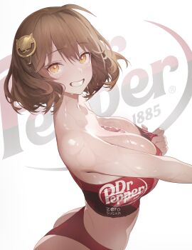 1girl absurdres ahoge alternate_costume anis_(nikke) bandeau bare_shoulders breasts brown_hair buruma cleavage clothes_writing clothing_request collarbone commentary dr_pepper english_commentary from_side goddess_of_victory:_nikke grin hair_between_eyes hair_ornament highres holding houh888 huge_breasts liquid looking_at_viewer midriff red_buruma shiny_skin short_hair simple_background smile solo strapless tube_top upper_body white_background yellow_eyes