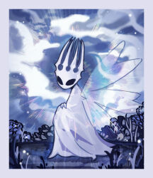 Rule 34 | 1other, cloak, cloud, crown, ded-lime, highres, hollow eyes, hollow knight, horns, pale king (hollow knight), plant, robe, solo, sparkle, sparkle background, white cloak, white robe, wings