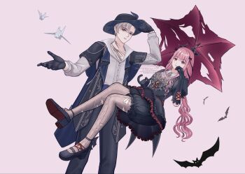 1boy 1girl animal asymmetrical_hair bat_(animal) black_bloomers black_bow black_dress black_gloves black_ribbon black_shoes bloomers blue_coat blue_hat blunt_bangs bow brown_eyes buttons closed_mouth coat collared_shirt commentary contrast_collar crescent cross-laced_armwear dream-like_night_(infinity_nikki) dress dress_pants dress_shirt english_commentary expressionless eyelashes feet_out_of_frame floating frilled_dress frilled_sleeves frills full_body giovanni_(infinity_nikki) gloves gothic_lolita grey_eyes grey_hair grey_pants grey_pantyhose hair_between_eyes hair_bow hair_ribbon hand_on_headwear hand_on_own_cheek hand_on_own_face happy hat heart heart_print high-waist_pants high_heels highres infinity_nikki layered_sleeves light_frown lolita_fashion long_hair long_sidelocks long_sleeves looking_at_viewer low_twintails mountain multiple_hair_bows nao_(sprinkanao) nikki_(nikki) nikki_(series) open_clothes open_coat origami outstretched_hand pants pantyhose paper_crane paperclip pink_background pink_hair pink_shirt print_dress puffy_long_sleeves puffy_short_sleeves puffy_sleeves pumps red_umbrella ribbon scar scar_on_chest screenshot_background see-through_pantyhose shirt shirt_under_dress shoes short_dress short_hair short_over_long_sleeves short_sleeves sidelocks simple_background smile standing torn_clothes torn_pantyhose torn_umbrella tress_ribbon twintails umbrella umbrella_over_shoulder underwear very_long_hair watermark wavy_hair white_shirt