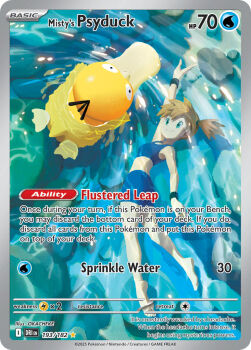 1girl artist_name barefoot bikini blue_bikini card_(medium) character_name closed_mouth company_name copyright_name copyright_notice english_text from_above gen_1_pokemon medium_hair misty_(pokemon) nintendo official_art okacheke orange_hair pokemon pokemon_(creature) pokemon_card pokemon_frlg pokemon_tcg psyduck rock side_ponytail smile swimming swimsuit third-party_source trading_card underwater water