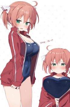 >:( 1girl absurdres alternate_costume arms_at_sides blue_one-piece_swimsuit blush breasts cleavage closed_mouth commentary covered_navel cowboy_shot cowlick daitoshokan_no_hitsujikai fang from_below frown green_eyes hair_between_eyes hair_ribbon highres impossible_clothes impossible_swimsuit jacket kodachi_nagi large_breasts looking_at_viewer medium_hair multiple_views one-piece_swimsuit open_clothes open_jacket open_mouth partially_unzipped polka_dot polka_dot_background red_jacket ribbon school_swimsuit simple_background skin_fang sleeves_past_wrists sweatdrop swimsuit takepoison thighs track_jacket translated twintails v-shaped_eyebrows white_background white_ribbon