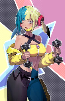 1girl ;o absurdres bandeau belt black_belt blue_eyes blush breasts canari_(pokemon) cleavage collarbone commentary_request cowboy_shot dumbbell eyelashes grey_eyes highres holding holding_dumbbell jacket looking_at_viewer mask mask_pull mouth_mask multicolored_hair navel nintendo off_shoulder one_eye_closed open_mouth pants pokemon pokemon_legends:_z-a shubun_(user_gxsx8757) solo twintails yellow_bandeau yellow_jacket zipper zipper_pull_tab