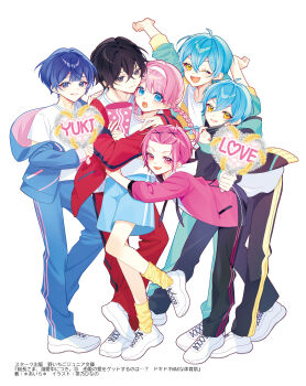 1girl 5boys :d ;d absurdres black_hair black_jacket black_pants blue_bow blue_eyes blue_hair blue_jacket blue_pants blue_shorts bow braid chano_hinano closed_mouth commentary_request copyright_request drawstring grey_eyes hair_between_eyes hair_bow hair_ornament hairband heart highres hood hood_down hoodie jacket long_hair megaphone multiple_boys official_art one_eye_closed open_mouth pants pink_eyes pink_hair pink_jacket red_jacket red_pants shirt shoes shorts simple_background smile socks twin_braids twintails white_background white_hairband white_hoodie white_shirt white_shoes x_hair_ornament yellow_eyes yellow_socks