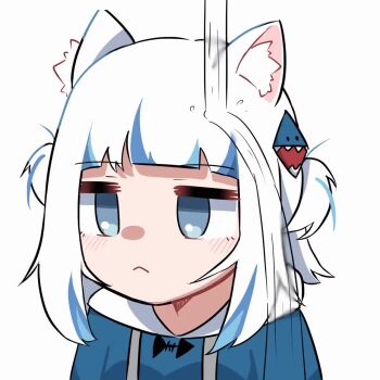 1girl :< animal_ear_fluff animal_ears animated blue_eyes blue_hair blue_hoodie blunt_bangs cat_ears cat_under_faucet_(meme) commentary english_commentary expressionless gawr_gura gawr_gura_(1st_costume) highres hololive hololive_english hood hoodie jitome looping_animation medium_hair meme multicolored_hair parody photo-referenced pouring simple_background skkazu1 solo tagme tongue tongue_out two-tone_hair two_side_up video virtual_youtuber water white_background white_hair