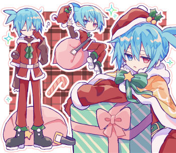 1boy aqua_hair bag blue_eyes blue_hair chibi christmas closed_mouth commentary_request futaba969649 gift gloves hair_between_eyes hat heterochromia highres looking_at_viewer male_focus medium_hair multiple_views pants puyopuyo puyopuyo_fever red_eyes red_gloves red_hat red_pants santa_hat sig_(puyopuyo) standing