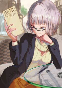 1girl alternate_costume black_jacket blue_eyes breasts cleavage cleavage_cutout clothing_cutout commentary fate/grand_order fate_(series) glasses grey_hair hand_on_own_chin highres holding holding_menu inugami86 jacket jacques_de_molay_(foreigner)_(fate) looking_at_viewer menu orange_skirt outdoors short_hair skirt smile solo sweater