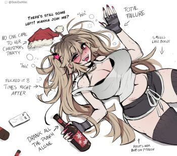 1girl arrow_(symbol) bite_mark bite_mark_on_shoulder black_bra black_choker black_gloves black_shorts black_thighhighs blush bottle bra breasts brown_hair cellphone choker cleavage commentary dokidomiki dolphin_shorts drooling drunk english_commentary fangs fingerless_gloves fingernails fur-trimmed_headwear fur_trim glass_bottle gloves grey_tank_top hair_between_eyes hair_ornament hat holding holding_bottle large_breasts long_hair lying midriff miki_(dokidomiki) mole mole_under_mouth mouth_drool nail_polish navel on_back open_mouth original phone pink_eyes pink_nails pointing_out_the_details red_hat santa_hat scar scar_on_stomach short_shorts shorts simple_background smartphone smile solo squeans star_(symbol) star_hair_ornament striped_clothes striped_gloves tank_top thighhighs underwear unworn_hat unworn_headwear white_background