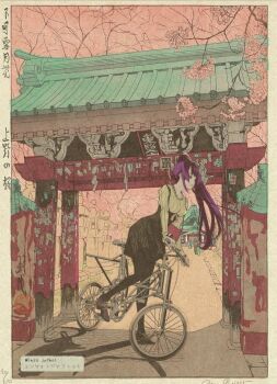 Rule 34 | 1girl, architecture, artist name, bakemonogatari, bicycle, black dress, black shoes, black thighhighs, breasts, cherry blossoms, dress, east asian architecture, enzo japhet, full body, hashtag-only commentary, high ponytail, highres, long hair, long sleeves, medium breasts, monogatari (series), official alternate costume, official alternate hairstyle, outdoors, pink background, ponytail, purple hair, riding, riding bicycle, senjougahara hitagi, shadow, shoes, thighhighs, torii, traditional media, very long hair