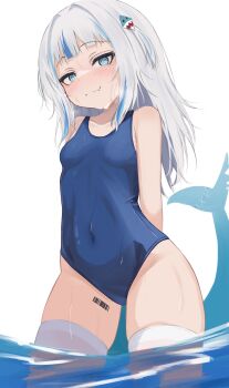 1girl @_@ arms_behind_back barcode barcode_tattoo blue_eyes blue_hair blue_one-piece_swimsuit blunt_bangs blush breasts closed_mouth collarbone covered_navel cowboy_shot fang fang_out fins fish_tail gawr_gura grey_hair hair_ornament hololive hololive_english leg_tattoo loli long_hair looking_at_viewer lucien_000298 medium_hair multicolored_hair one-piece_swimsuit school_swimsuit shark_girl shark_hair_ornament shark_tail sidelocks simple_background skin_fang small_breasts smile solo standing streaked_hair swimsuit tail tattoo thighhighs thighs two-tone_hair two_side_up virtual_youtuber wading water wet wet_clothes white_background white_thighhighs