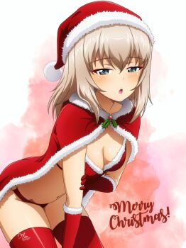 1girl :o absurdres arm_under_breasts bent_over bikini blue_eyes blush breasts cape capelet christmas christmas_ornaments christmas_stocking cleavage commentary dated elbow_gloves english_text fur-trimmed_cape fur-trimmed_capelet fur-trimmed_gloves fur_collar fur_trim girls_und_panzer gloves grey_hair hair_between_eyes hand_on_own_arm hat highres itsumi_erika kd_esler looking_at_viewer medium_breasts navel o-ring o-ring_bikini open_mouth red_bikini red_cape red_gloves red_thighhighs santa_bikini santa_costume santa_hat signature solo standing swimsuit thighhighs thighs