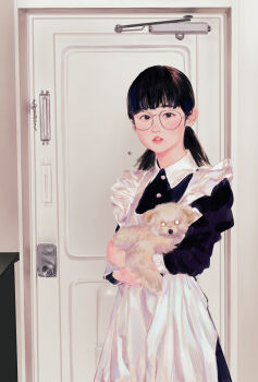 1girl animal apron black_dress black_eyes black_hair blush commentary_request cowboy_shot dog door dress glasses highres holding holding_animal holding_dog lips long_sleeves looking_at_viewer maid maid_apron medium_hair nose okubatomaeba original parted_lips realistic solo white_apron wispy_bangs