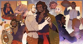 1girl 2boys alcohol anduin_wrynn arm_around_shoulder arm_around_waist arm_up bare_pectorals beard beer belt black_belt black_nails black_pants blonde_hair blue_eyes blue_shirt blush bracelet brown_hair cape chair chest_hair closed_eyes collarbone collared_shirt commentary commission couple cup curly_hair dark-skinned_female dark-skinned_male dark_skin dice drunk earrings english_commentary eye_contact facial_hair faerin_lothar fingernails gem green_cape grey_background grey_shirt heterochromia highres holding holding_cup holding_hands hoop_earrings jewelry long_hair looking_at_another male_focus multiple_boys multiple_views necklace one_eye_closed open_collar pants pectorals piercing pointy_ears polyhedral_dice red_eyes red_gemstone red_sash ring sash scar scar_across_eye scar_on_face sei_(seiryuuden) sharp_fingernails shirt shirt_tucked_in short_hair simple_background sitting sparkle table tankard teeth thick_eyebrows warcraft wavy_hair wooden_table world_of_warcraft wrathion yaoi