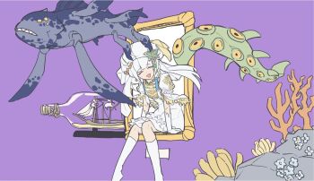 Rule 34 | 1girl, boat, closed eyes, coral, dress, etrian odyssey, fish, gloves, gutrune, hat, kneehighs, long hair, painting (object), remase2642, sekaiju no meikyuu, sekaiju no meikyuu 3, ship in a bottle, socks, solo, tentacles, watercraft, white dress, white gloves, white hair, white hat