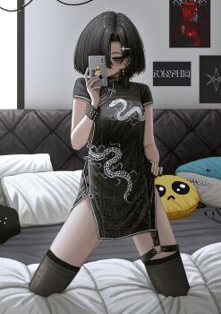 1girl absurdres black_hair bracelet china_dress chinese_clothes commentary cross cross_earrings dragon_print dress earrings highres holding holding_phone ikea_shark jewelry lobsteranian mole mole_under_eye o-ring original phone ring short_hair spiked_bracelet spikes sticker stuffed_animal stuffed_shark stuffed_toy