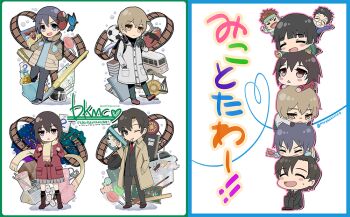 1girl 6+boys ball black_jacket black_pants blue_butterfly boku_dake_ga_inai_machi brown_coat brown_hair brown_jacket bug butterfly calendar_(object) candy card chibi chibi_only coat commentary_request film_strip food fujinuma_satoru grey_coat hamster hinazuki_kayo human_stacking insect jacket kazu_(boku_dake_ga_inai_machi) kobayashi_kenya lollipop mask mask_on_head mittens monicanc multiple_boys multiple_views necktie nissin_cup_noodle one_eye_closed osamu_(boku_dake_ga_inai_machi) pants pen pink_mittens playing_card pleated_skirt red_coat red_necktie skirt soccer_ball sugita_hiromi translation_request tree triangle_mouth weighing_scale yashiro_gaku