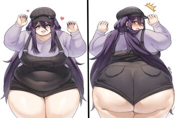1girl @_@ ass belly black_hat black_overalls blush breasts cellulite claw_pose commission covered_navel dasan242 earrings embarrassed fat fat_woman fingernails from_behind front_and_back hair_tie hat hat_ornament heart highres huge_ass jewelry large_breasts long_hair looking_back low_twintails mole mole_under_mouth multiple_views open_mouth original overall_shorts overalls purple_eyes purple_hair purple_nails purple_shirt sharp_fingernails shirt skull_hat_ornament solo sphere_earrings standing thick_thighs thighs twintails white_background wide_hips