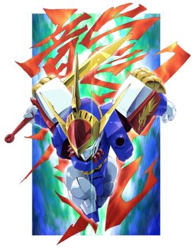 clenched_hand floating glowing glowing_eye green_eyes holding holding_sword holding_weapon mashin_eiyuuden_wataru mayata mecha no_humans robot ryuujinmaru science_fiction solo sword twisted_torso weapon