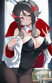 1girl animal_ears artist_self-insert black_hair blush bow bowtie breasts cleavage detached_collar double_v fake_animal_ears glasses grey_hair highleg highleg_leotard highres hizake_mozu huge_breasts jacket leotard long_sleeves looking_to_the_side original pantyhose playboy_bunny rabbit_ears red_eyes short_hair_with_long_locks sidelocks skirt solo standing strapless strapless_leotard traditional_bowtie v white_hair