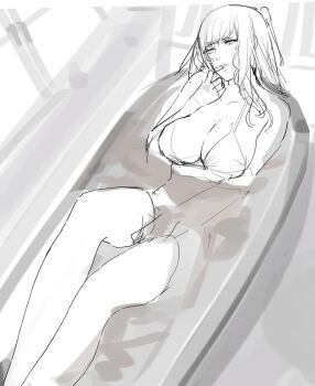 1girl alternate_costume bare_legs bath bathing bathtub bikini blunt_bangs book breasts candle cleavage feet_out_of_frame female_focus female_masturbation finger_to_mouth fire_emblem fire_emblem_awakening hand_up heavy_breathing indoors j@ck large_breasts leaning_back legs long_hair looking_at_viewer masturbation medium_breasts nintendo parted_lips partially_submerged sitting sketch smile solo steam swimsuit tharja_(fire_emblem) thighs two_side_up underboob unfinished water wet window