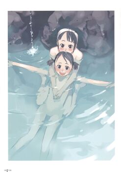 absurdres barefoot bathing black_eyes black_hair flat_chest highres hug loli non-web_source nude onsen short_hair takamichi thigh_gap thighs twintails